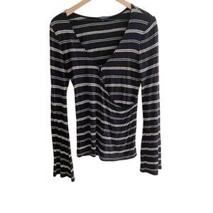 Lucky Brand Wrap Top Womens Small Navy Blue & Ivory Striped Blouse bell sleeve